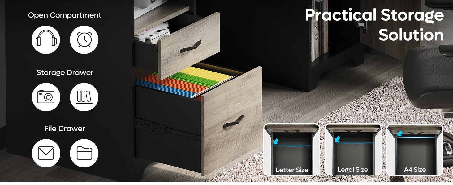 59” Executive Desk with 2 Drawers, Computer Desk with Storage Cabinet, Industrial Wood Desk with File Drawer, Keyboard Tray