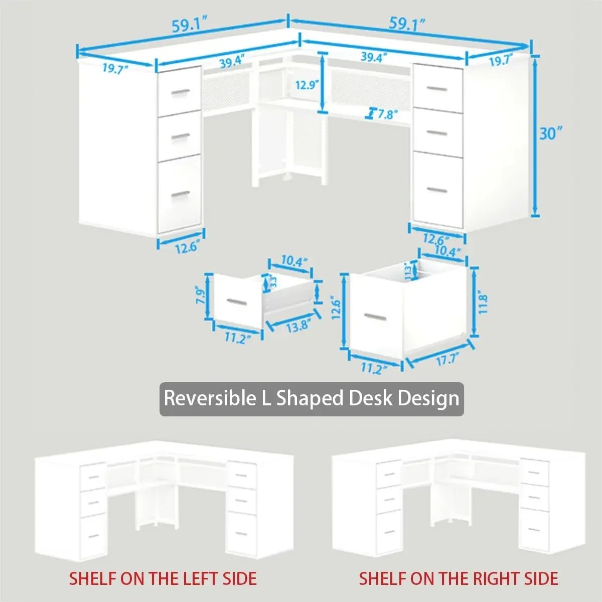 White L Shaped Desk with Drawers Shelves, Large Home Office Corner Computer Desk with Storage File Cabinet