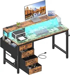 Computer Desk With Fabric Drawers, 47 H Home Office Desk With Monitor Stand, Reversible Gaming Desk With Led Lights And Power