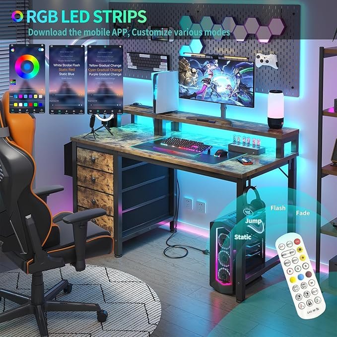 Computer Desk With Fabric Drawers, 47 H Home Office Desk With Monitor Stand, Reversible Gaming Desk With Led Lights And Power