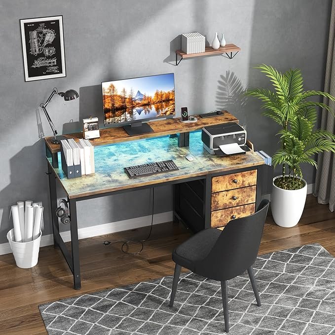 Computer Desk With Fabric Drawers, 47 H Home Office Desk With Monitor Stand, Reversible Gaming Desk With Led Lights And Power