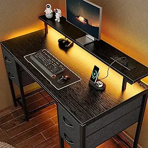 47 H Computer Desk With 4 Drawers, Gaming Desk With Led Lights & Power Outlets, Home Office Desk With Large Storage Space For