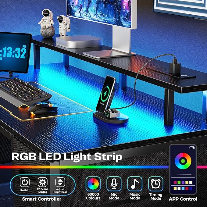 47 H Computer Desk With 4 Drawers, Gaming Desk With Led Lights & Power Outlets, Home Office Desk With Large Storage Space For