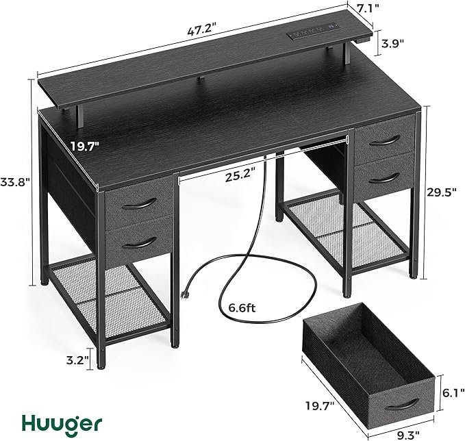 47 H Computer Desk With 4 Drawers, Gaming Desk With Led Lights & Power Outlets, Home Office Desk With Large Storage Space For
