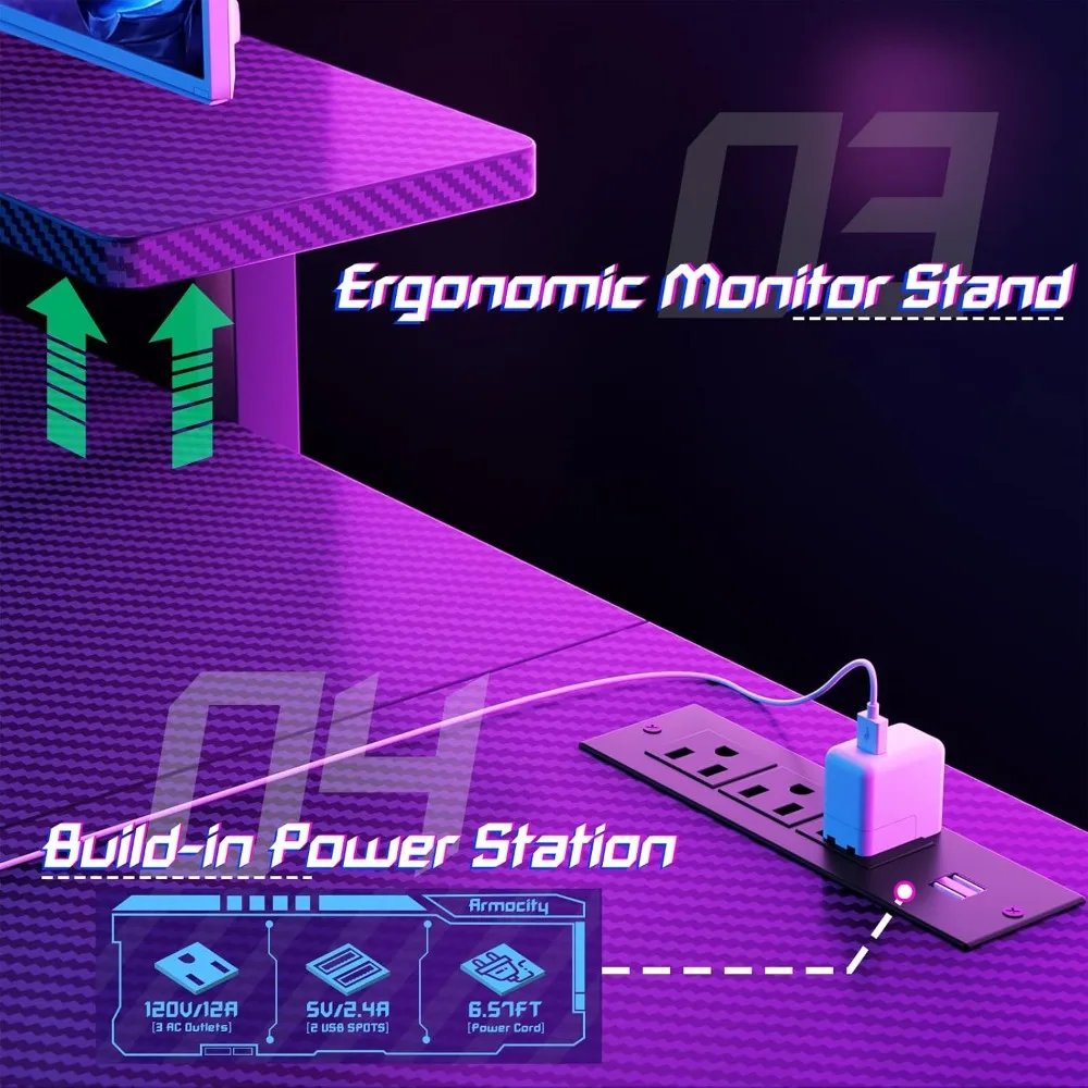 Small Gaming Desk with Shelves and Outlets, L Shaped Gaming Desk with LED Lights, Reversible L Shaped Computer Desk