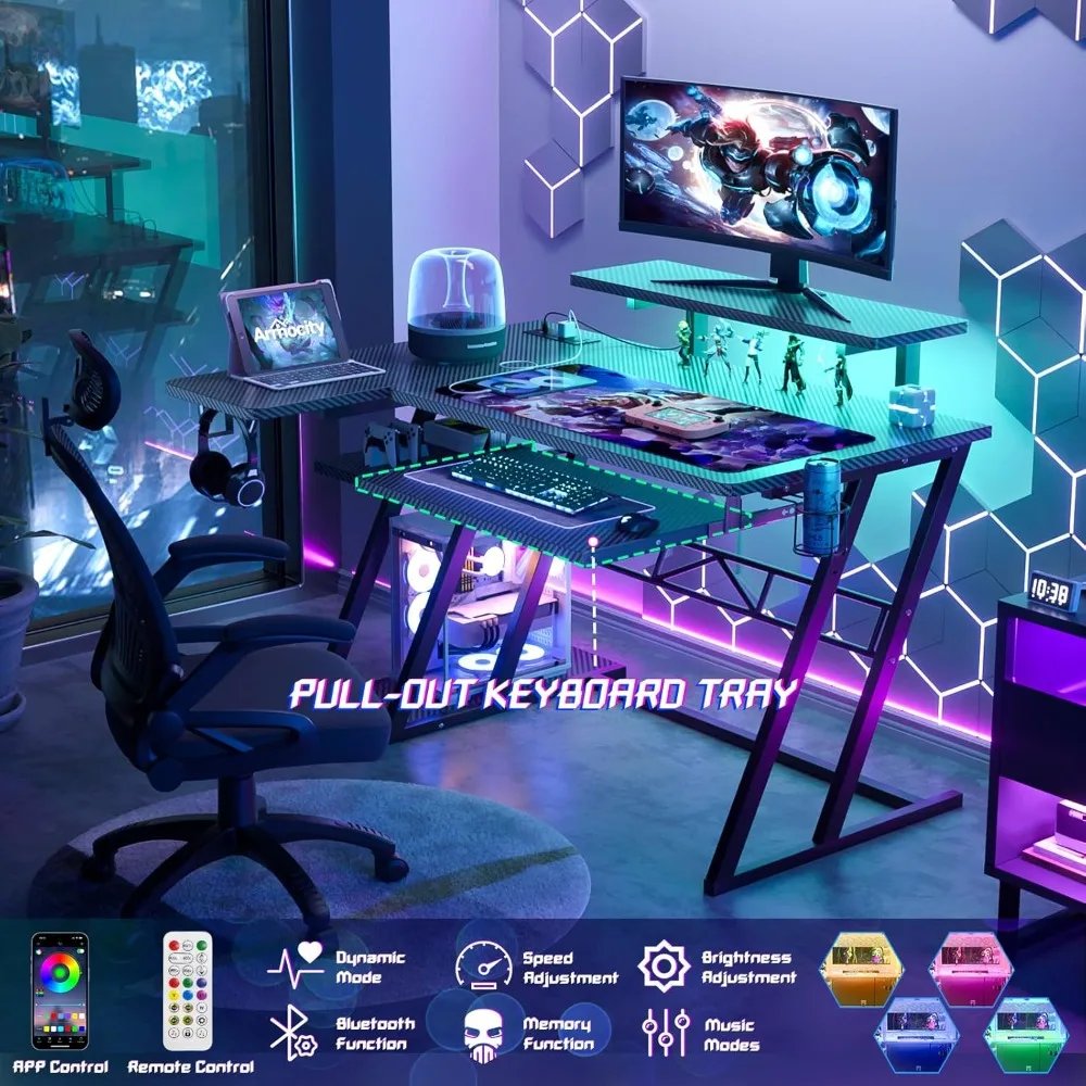 Small Gaming Desk with Shelves and Outlets, L Shaped Gaming Desk with LED Lights, Reversible L Shaped Computer Desk