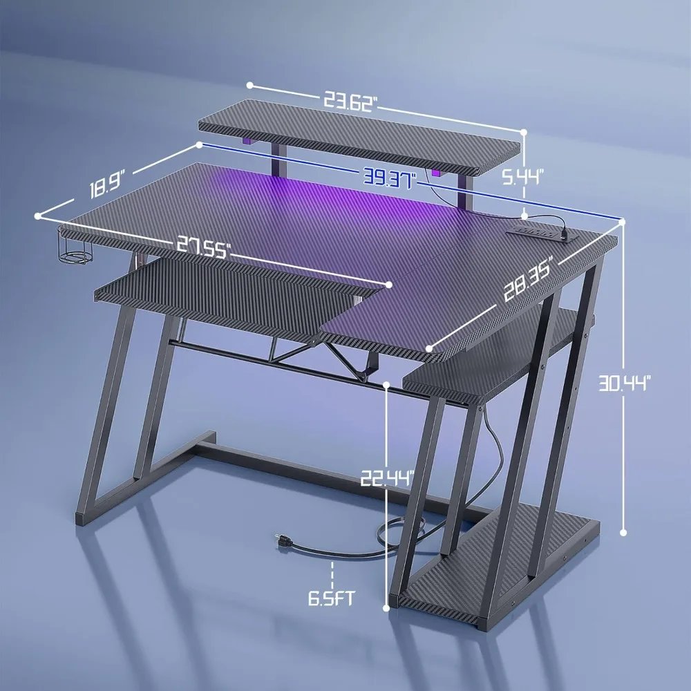 Small Gaming Desk with Shelves and Outlets, L Shaped Gaming Desk with LED Lights, Reversible L Shaped Computer Desk