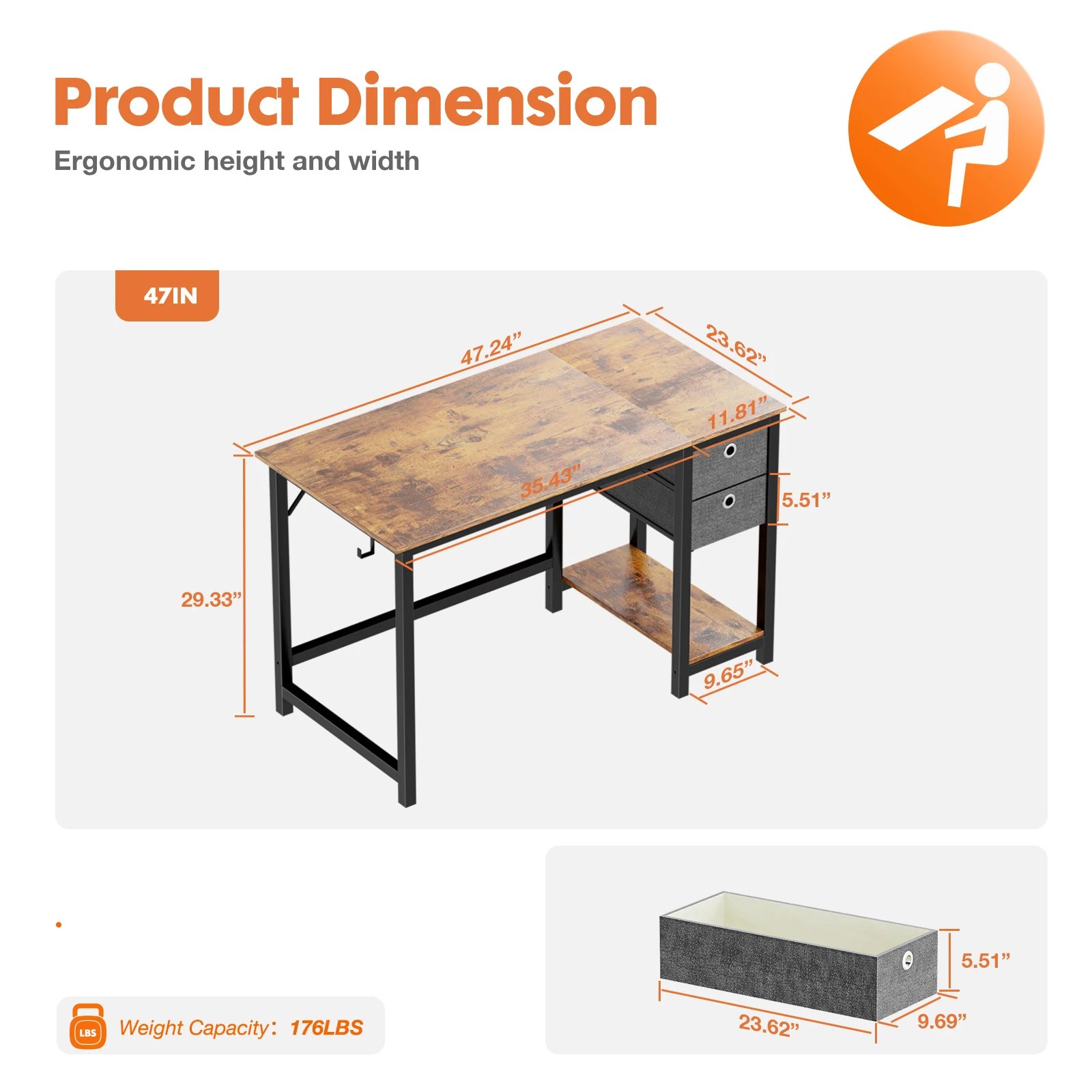 JHK Computer Desk With Drawers 55 Inch Home Office Desk Writing Desk Work Desk PC Table Study Desk With 2-Tier Drawers