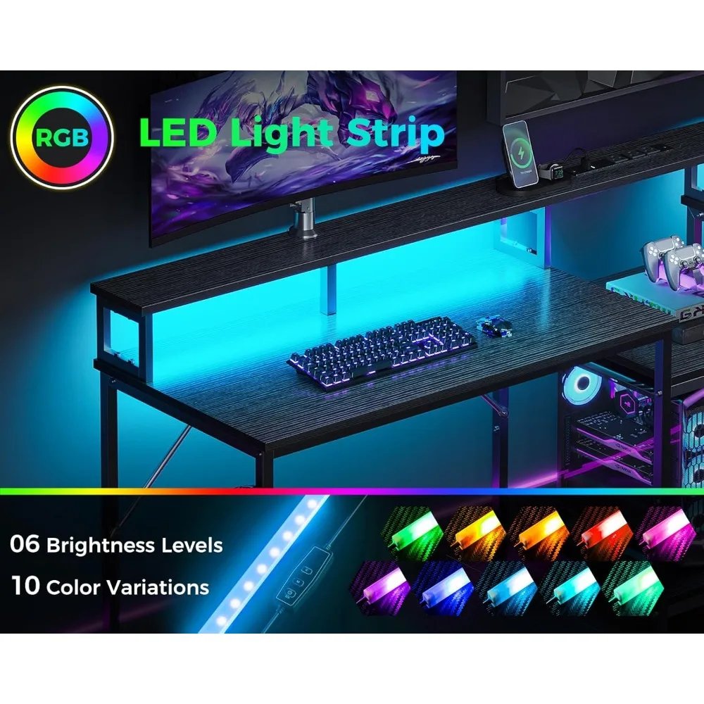 98 Inch 2 Person Gaming Desk with Storage Shelves- Long Double Home Office Computer Desks with USB Charging Port