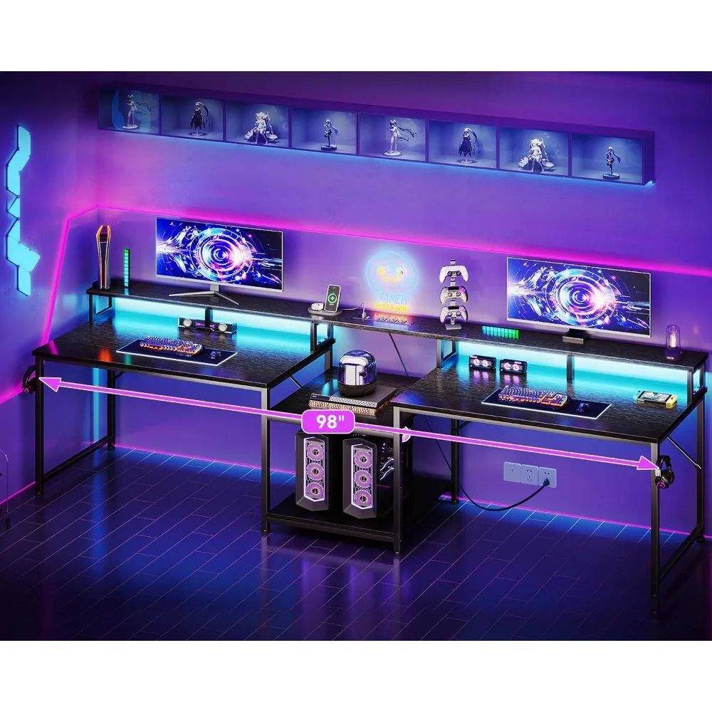 98 Inch 2 Person Gaming Desk with Storage Shelves- Long Double Home Office Computer Desks with USB Charging Port