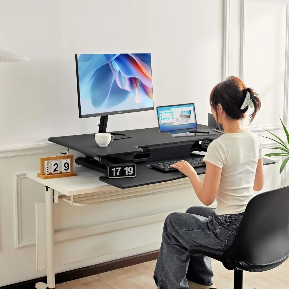 Redlife Electric Sit Stand Desk Riser for Home Office - Standing Desk Converter w/Wireless Charging Station, Grey - L46 x W23