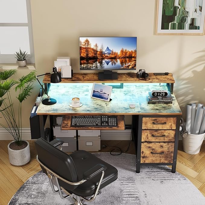 Computer Desk With File Drawers Cabinet, 47 H Home Office Desks With Keyboard Tray, Gaming Desk With Led Lights And Power