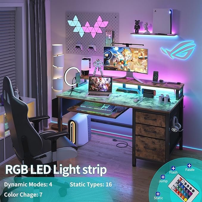 Computer Desk With File Drawers Cabinet, 47 H Home Office Desks With Keyboard Tray, Gaming Desk With Led Lights And Power