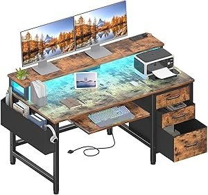 Computer Desk With File Drawers Cabinet, 47 H Home Office Desks With Keyboard Tray, Gaming Desk With Led Lights And Power