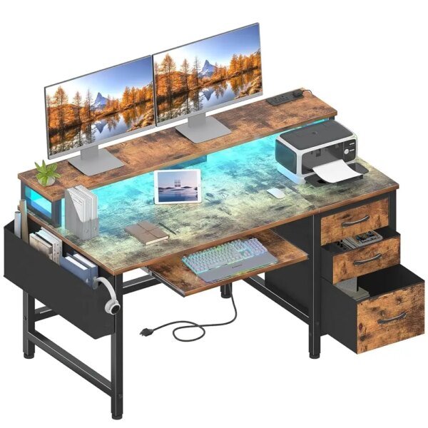 Computer Desk With File Drawers Cabinet, 47 H Home Office Desks With Keyboard Tray, Gaming Desk With Led Lights And Power