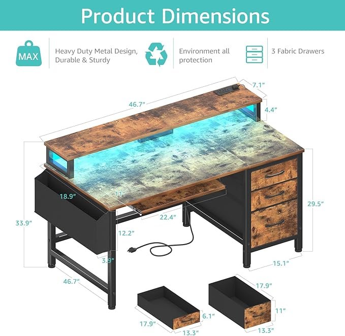 Computer Desk With File Drawers Cabinet, 47 H Home Office Desks With Keyboard Tray, Gaming Desk With Led Lights And Power