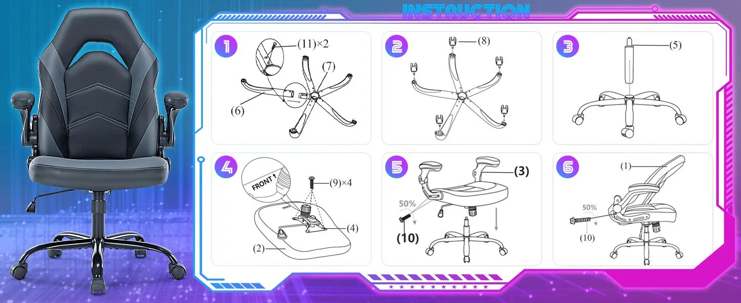 JHK Ergonomic Office Computer Home Gaming Desk Chair Adjustable PU Leather Racing Chair Flip-up Armrest For Christmas Furniture