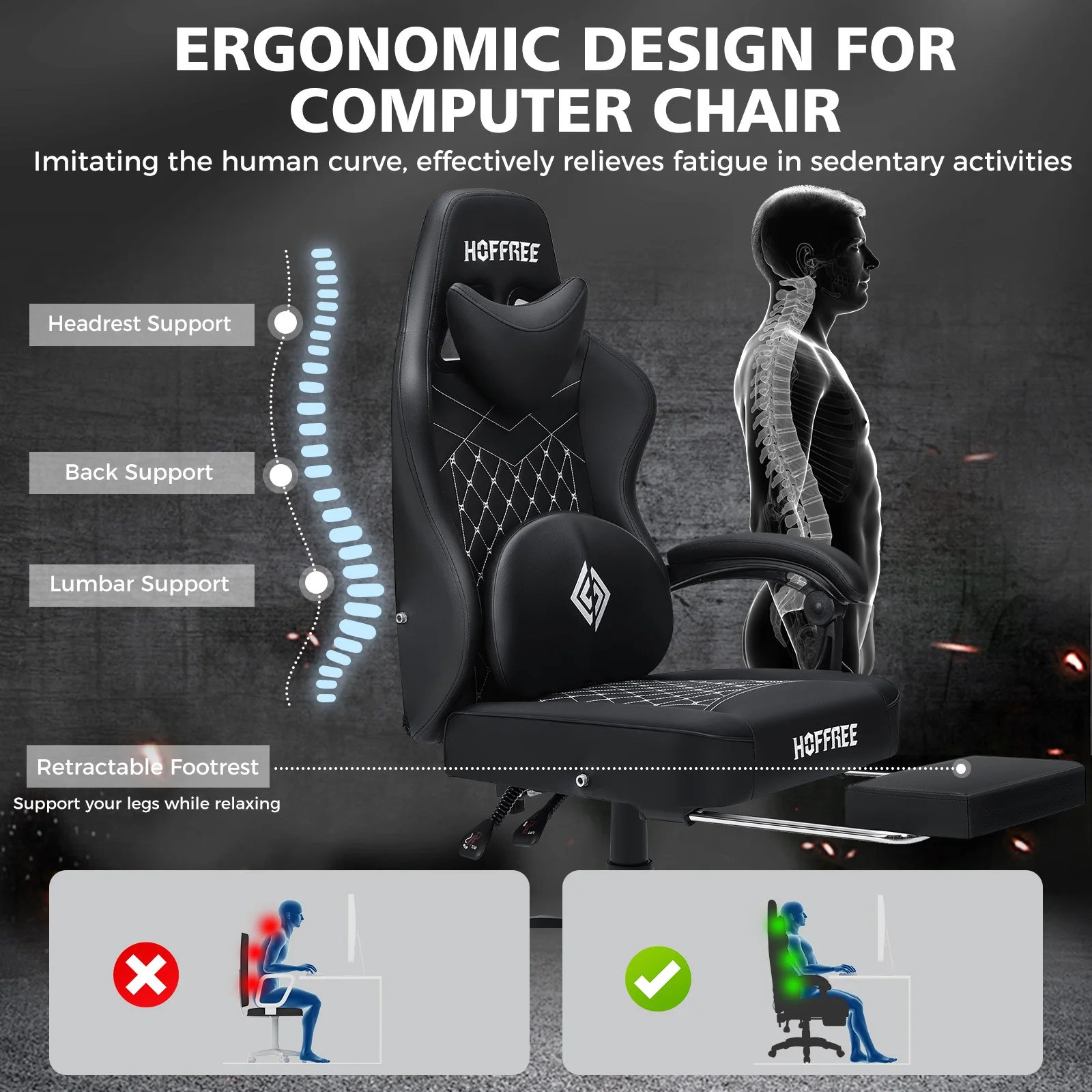 Ergonomic Gaming Chair PU Leather with Footrest Adjustable Lumbar Cushion Headrest Single Function Massage