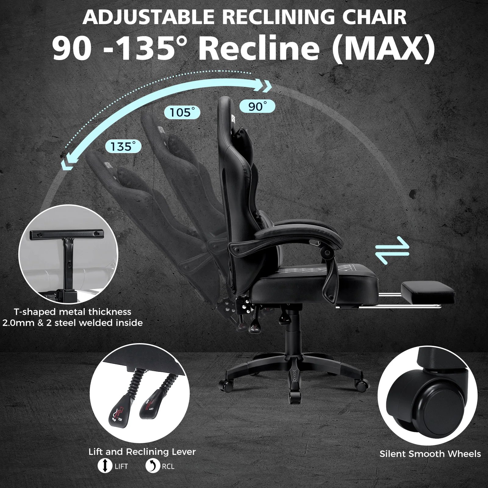 Ergonomic Gaming Chair PU Leather with Footrest Adjustable Lumbar Cushion Headrest Single Function Massage
