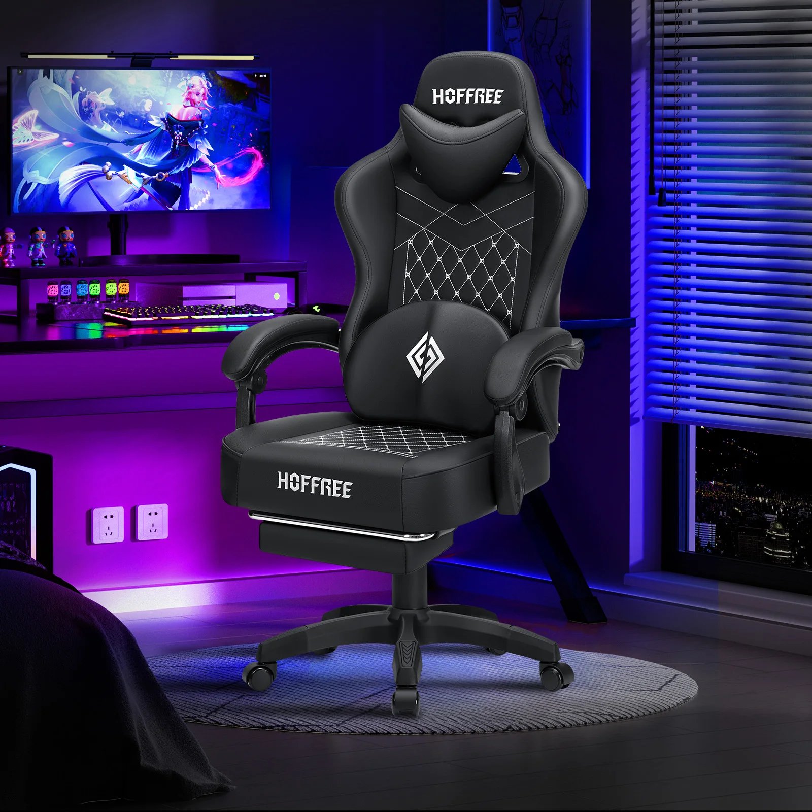Ergonomic Gaming Chair PU Leather with Footrest Adjustable Lumbar Cushion Headrest Single Function Massage