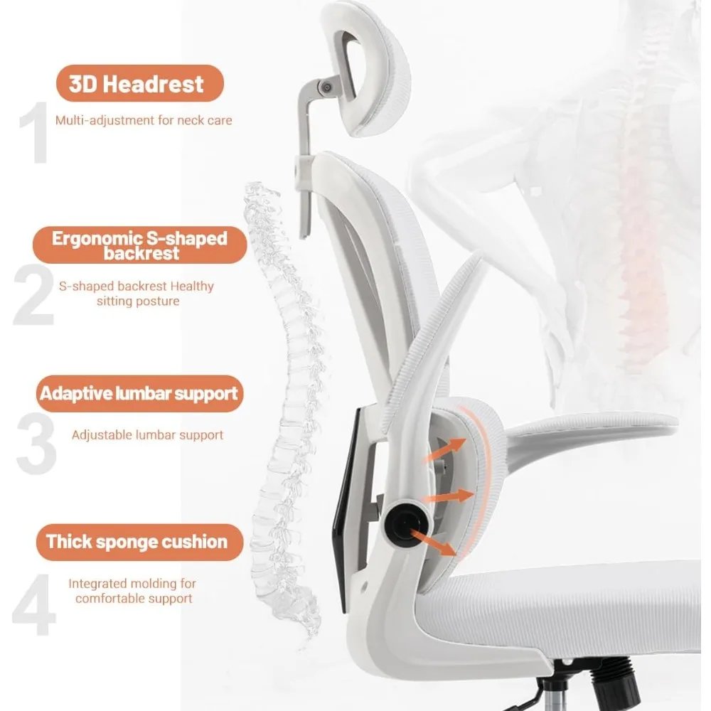 Ergonomic Office Chair Computer Desk Chairs with Flip-up Armrests and Lumbar Support, High Back Mesh Gaming Chairs Rolling Work