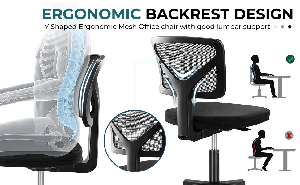 JHK Mesh with Lumbar Support Armless Office Chair Low Back with Wheels Adjustable Height 360° Rolling Swivel Computer Chair