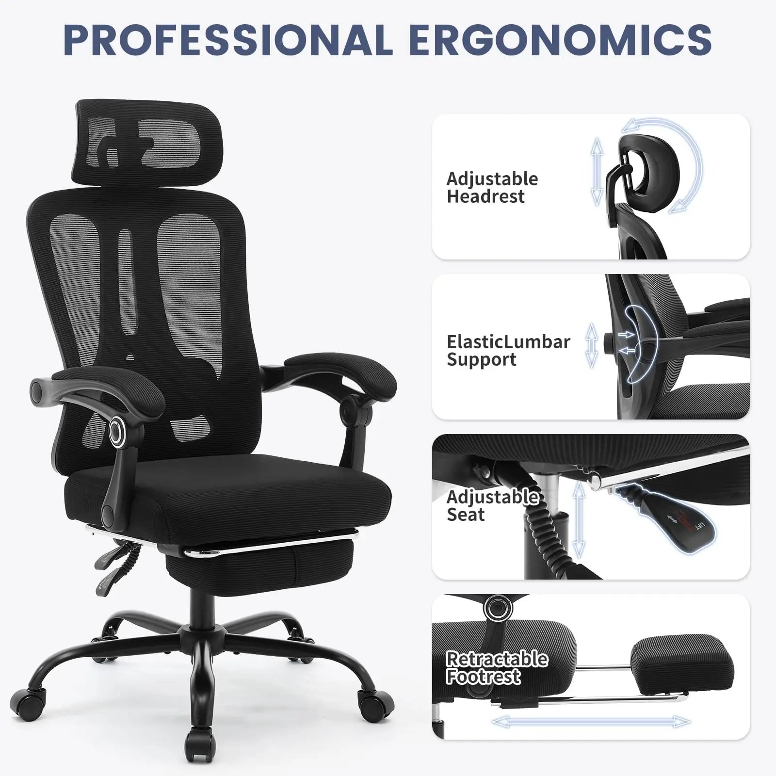 Ergonomic Office Chair,Swivel Task Chair with Adjustable Lumbar Support,Home Office Chair with Footrest,Mesh High Back Gaming Ch