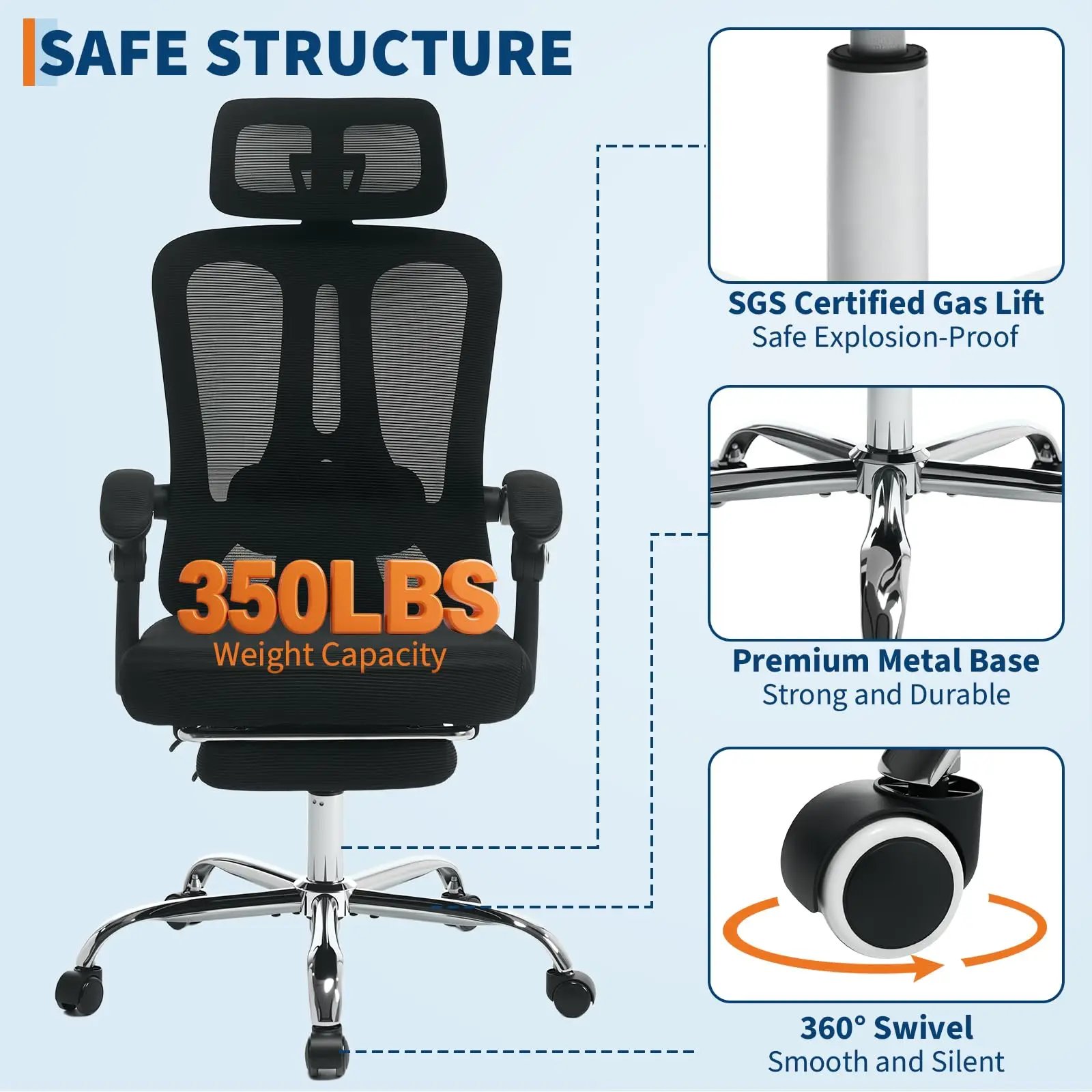 Ergonomic Office Chair,Swivel Task Chair with Adjustable Lumbar Support,Home Office Chair with Footrest,Mesh High Back Gaming Ch