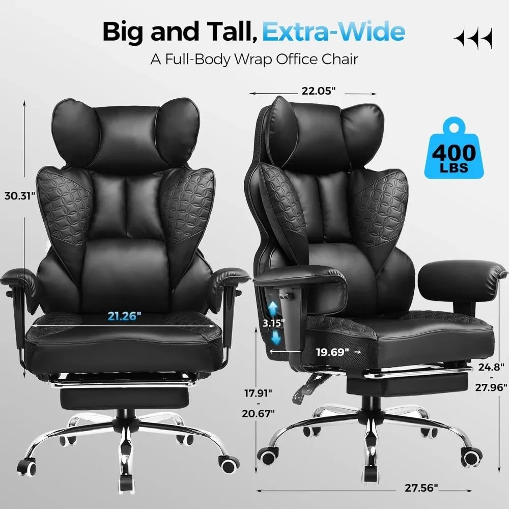 Big and Tall Office Chair 400LBS Wide Ergonomic Gaming Chair with Deluxe Embossing Designed Leather with Foot Rest,150°