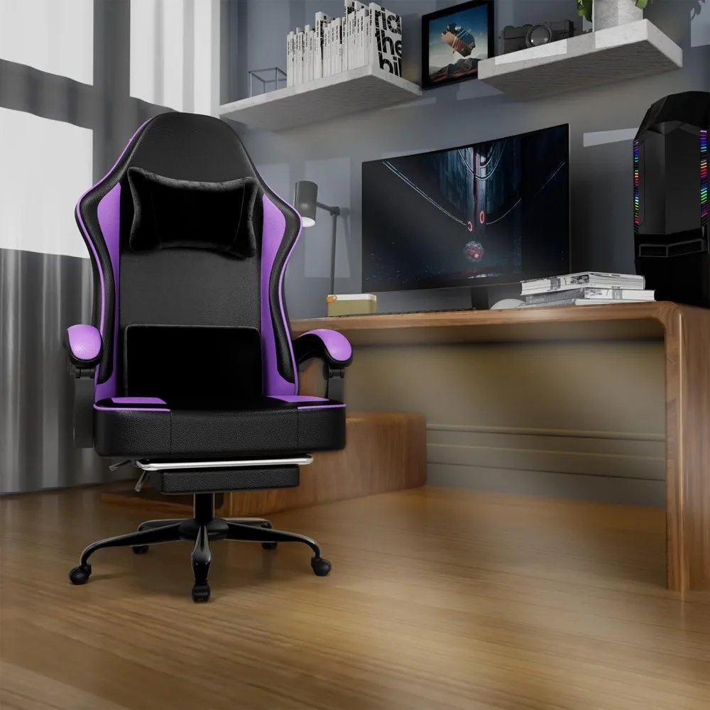 Gaming Chair with Pocket Spring Cushion and Footrest, Ergonomic Computer Chair for Adults, Breathable PU Leather Game Chair, Adj