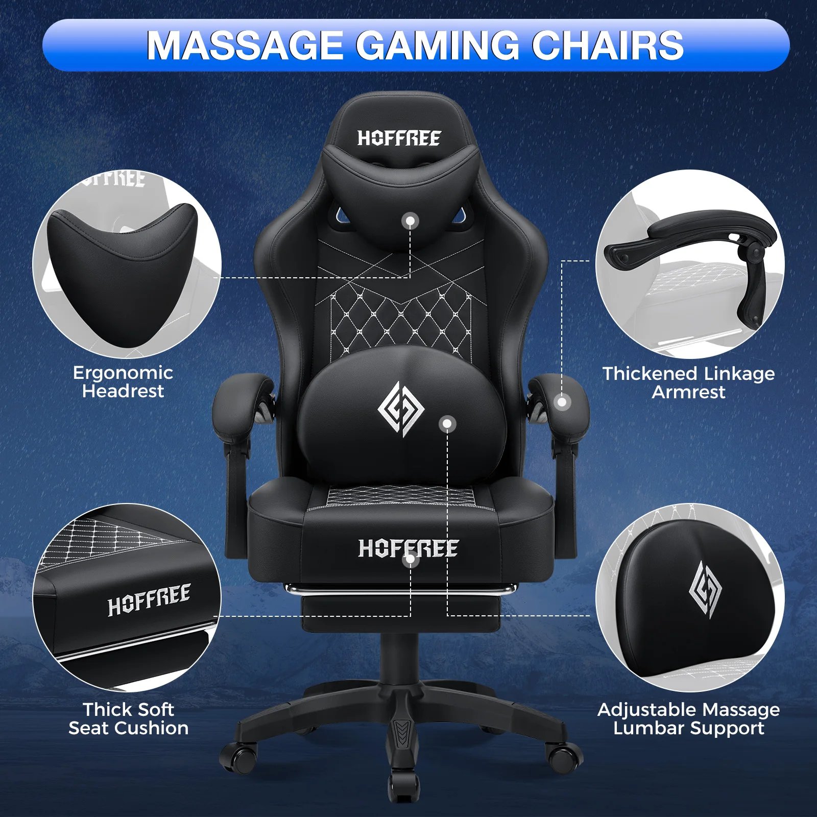 Gaming Chair with Footrest Ergonomic Chair Bluetooth Speaker Dual Function Massage Folding Recliner Computer Office Home Chair