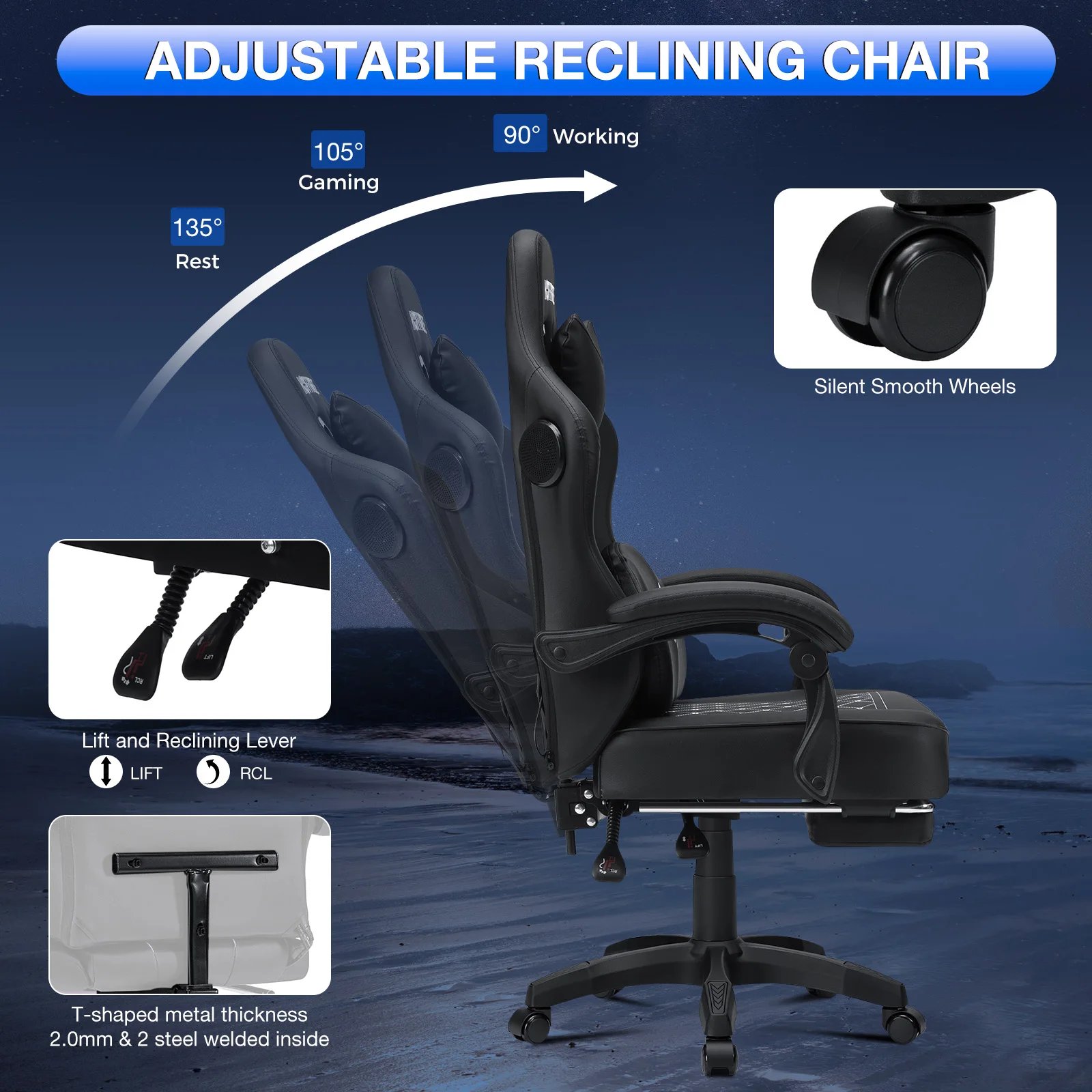 Gaming Chair with Footrest Ergonomic Chair Bluetooth Speaker Dual Function Massage Folding Recliner Computer Office Home Chair