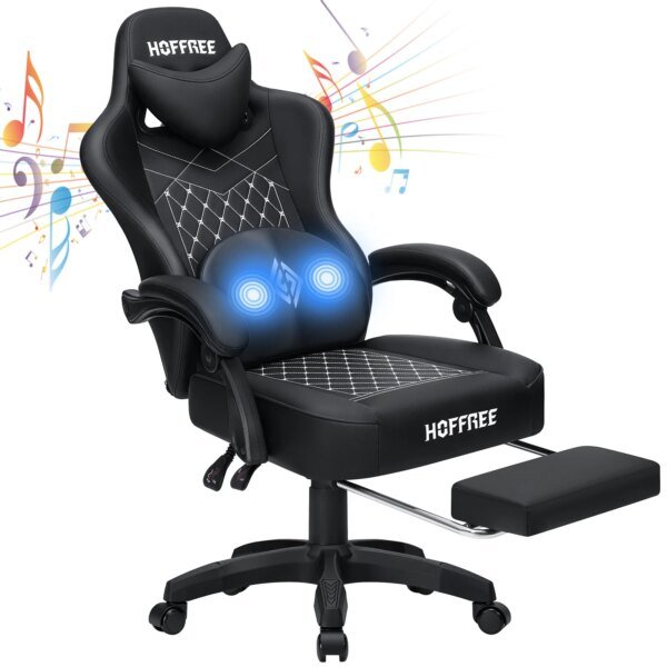 Gaming Chair with Footrest Ergonomic Chair Bluetooth Speaker Dual Function Massage Folding Recliner Computer Office Home Chair