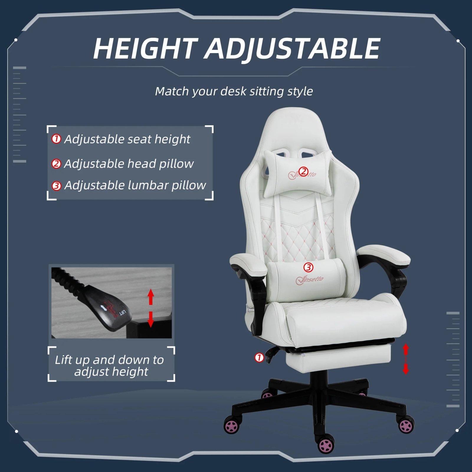 Racing Gaming Chair W/ Padded Arms, Pu Leather Gamer Recliner Home Office White