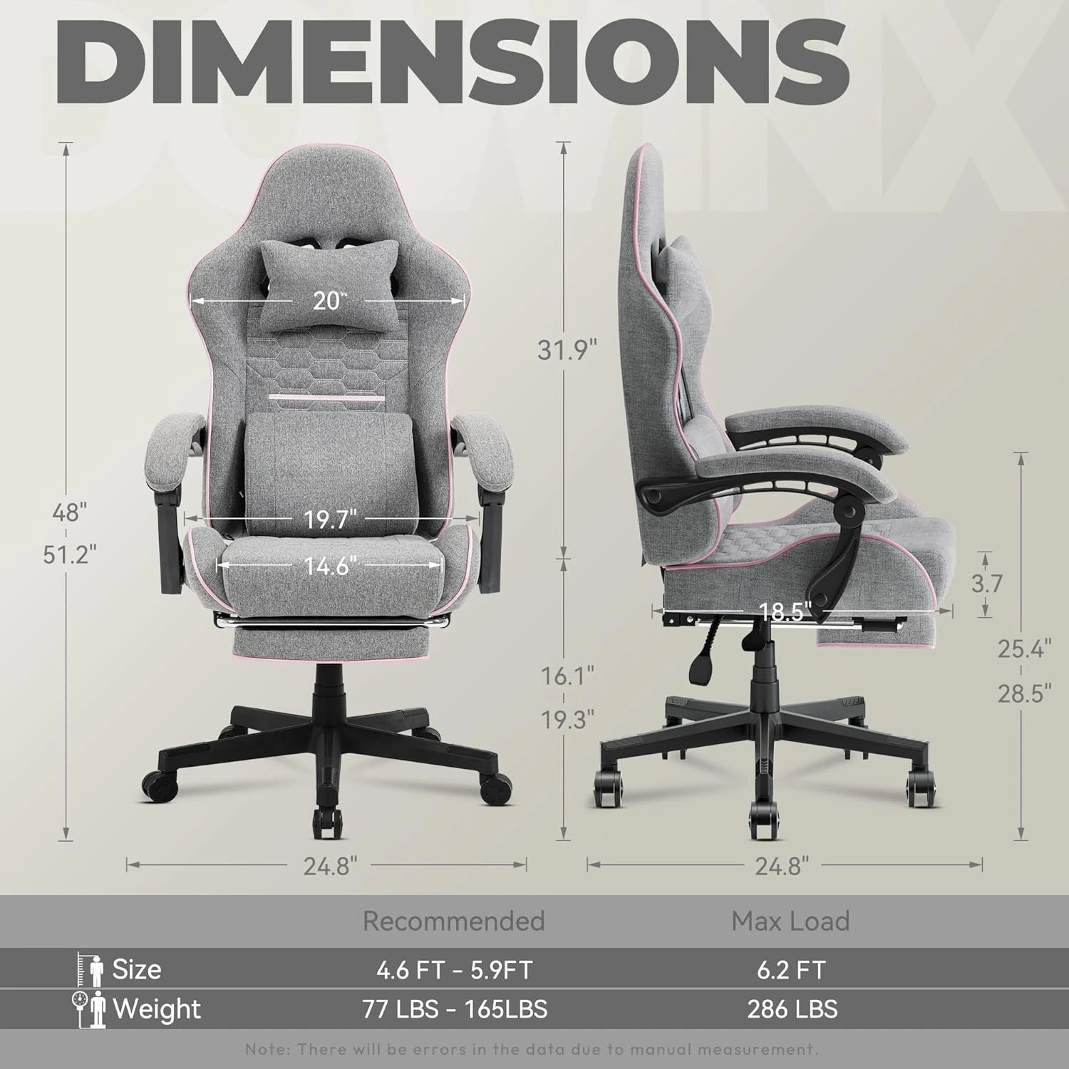 Gaming Chair Fabric with Pocket Spring Cushion, Massage Game Chair Cloth with Headrest, Pink and Grey