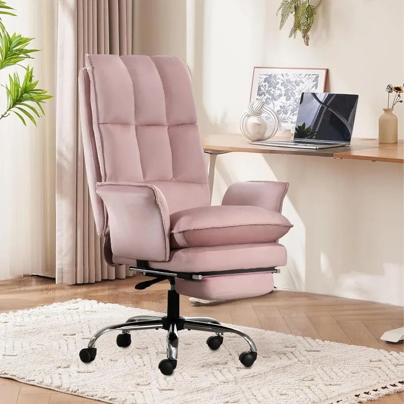 Office Chair, Modern Home Office Desk Chairs With Wheels And Retractable Footrest, Adjustable Backrest Velvet High Back Office C