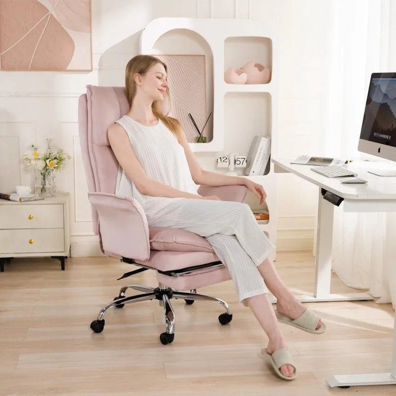 Office Chair, Modern Home Office Desk Chairs With Wheels And Retractable Footrest, Adjustable Backrest Velvet High Back Office C