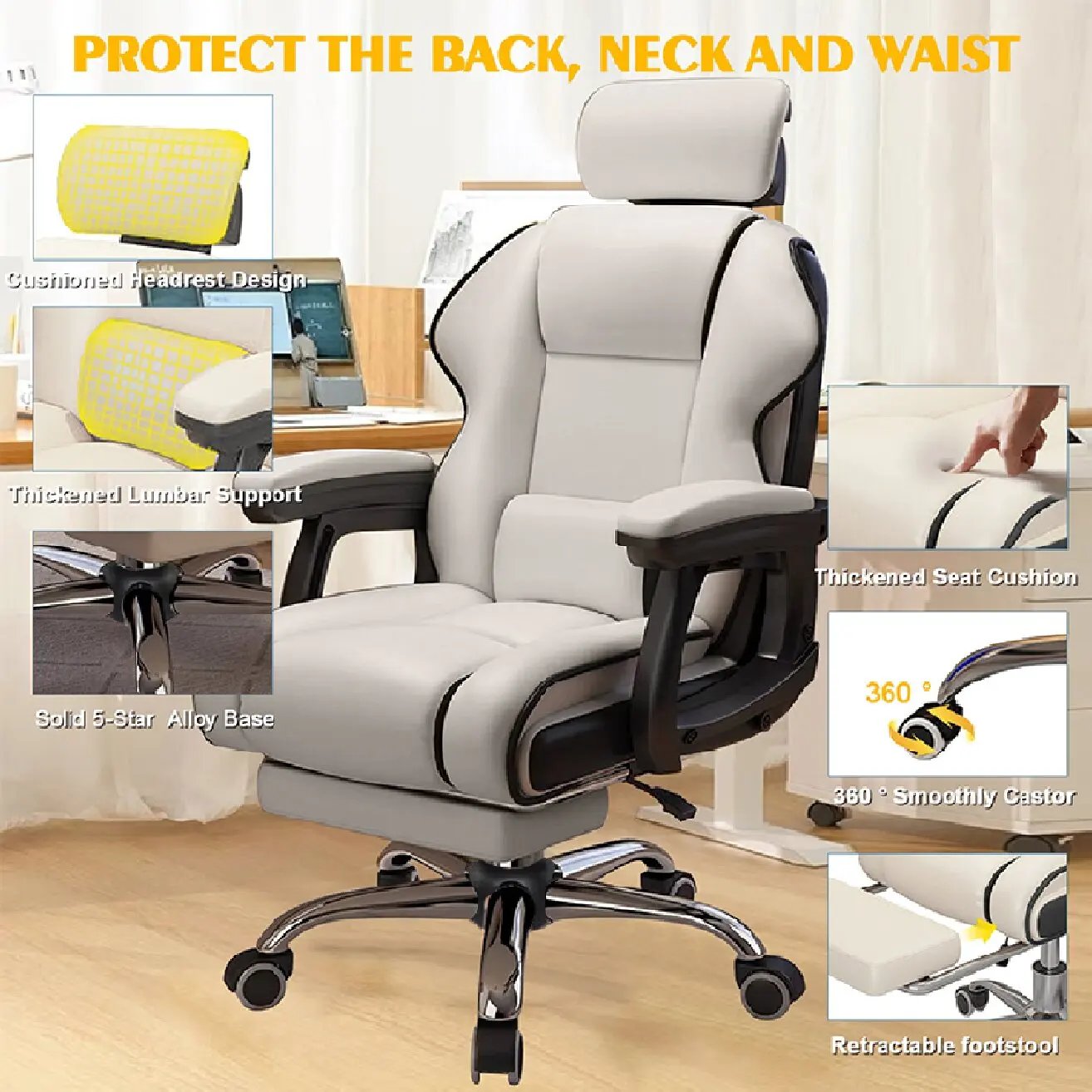 Executive Office Chair Reclining with Footrest Ergonomic Computer Desk with Lumbar Support Big and Tall Home High Back Gaming