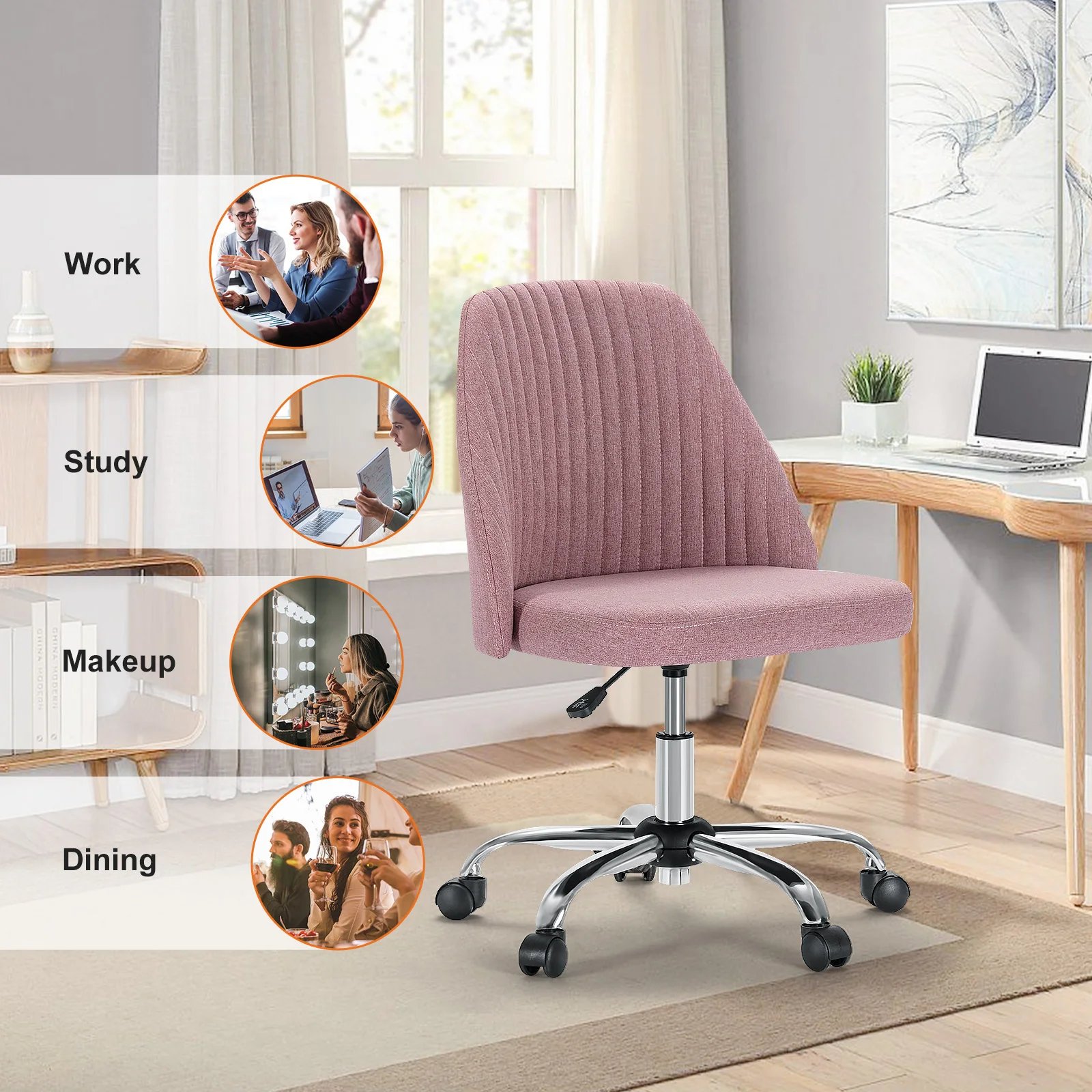 JHK Armless Small Desk Office Chair Cute Vanity Swivel Chair with Back Modern Fabric with Wheels Swivel Task Home Gaming Chair