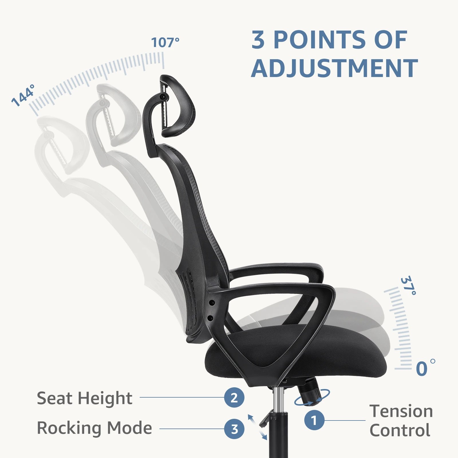 JHK Ergonomic Mesh Fixed Armrest Living Room Rocking Gaming Chair Adjustable Headrests Comfortable Lumbar Support For Home
