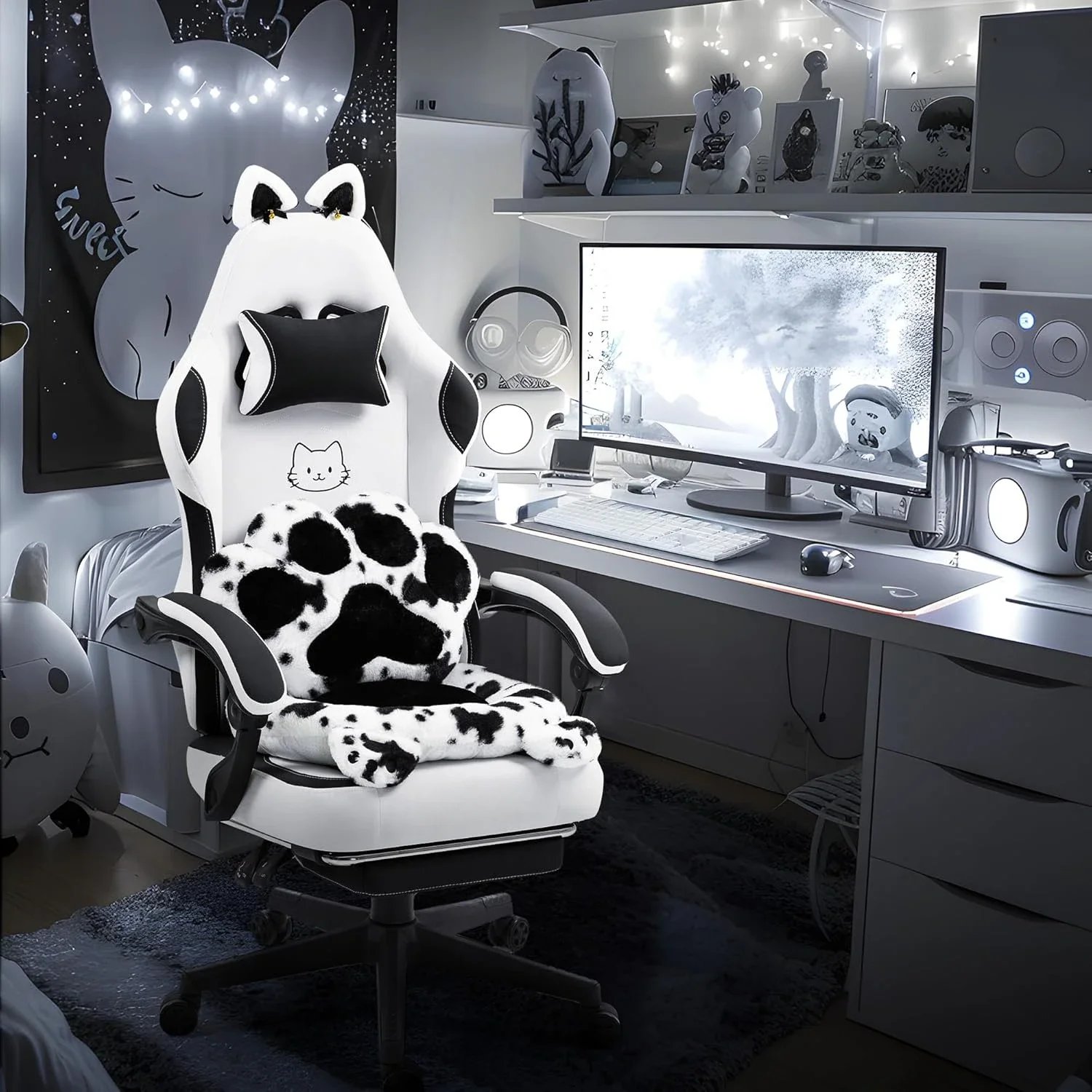 Gaming Chair, Cute with Cat Ears Paw Lumbar and Cushion,Ergonomic Computer Chair with Footrest, Reclining, Computer Chair