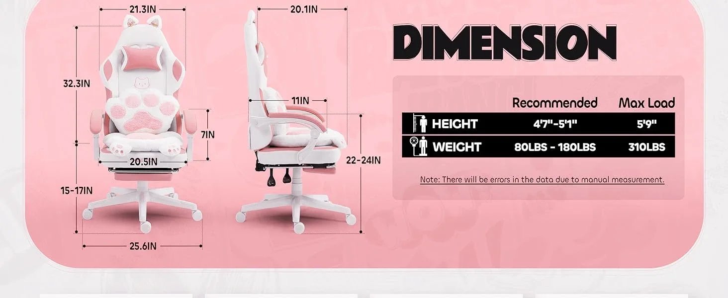Gaming Chair, Cute with Cat Ears Paw Lumbar and Cushion,Ergonomic Computer Chair with Footrest, Reclining, Computer Chair