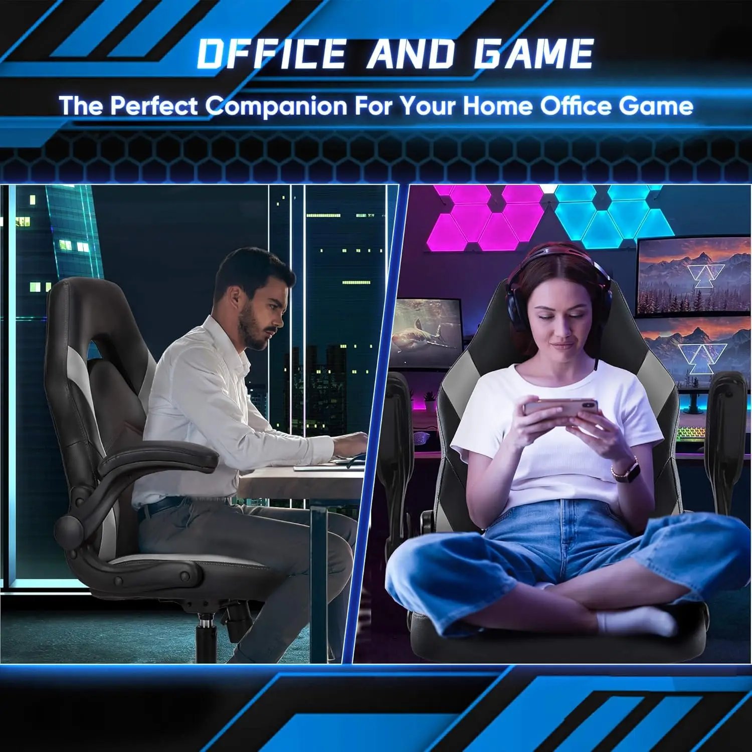 Big and Tall Office Desk Leather Gaming Computer Chair with Adjustable Swivel Task and Flip-up Arms for Adults, Teens, Grey