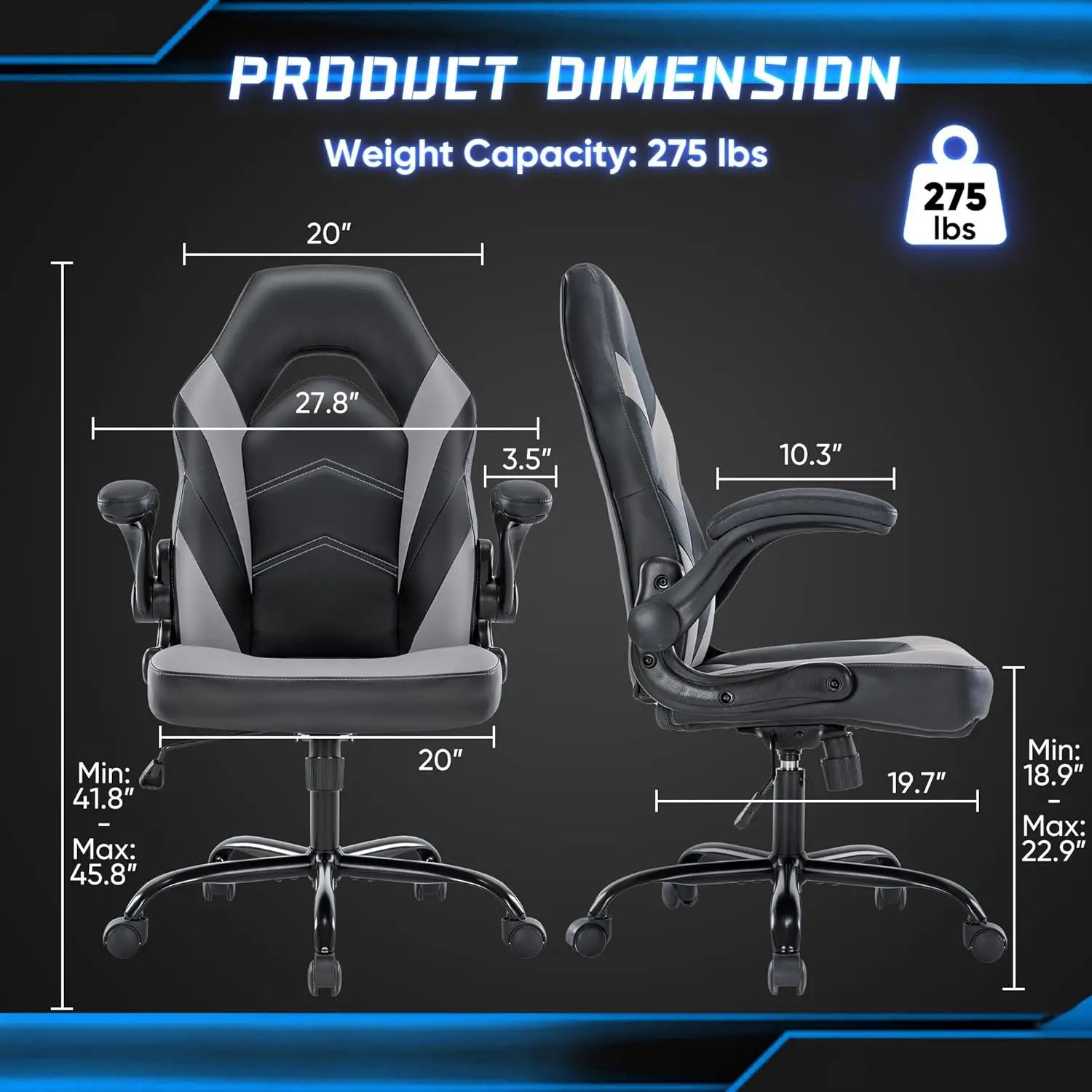 Big and Tall Office Desk Leather Gaming Computer Chair with Adjustable Swivel Task and Flip-up Arms for Adults, Teens, Grey