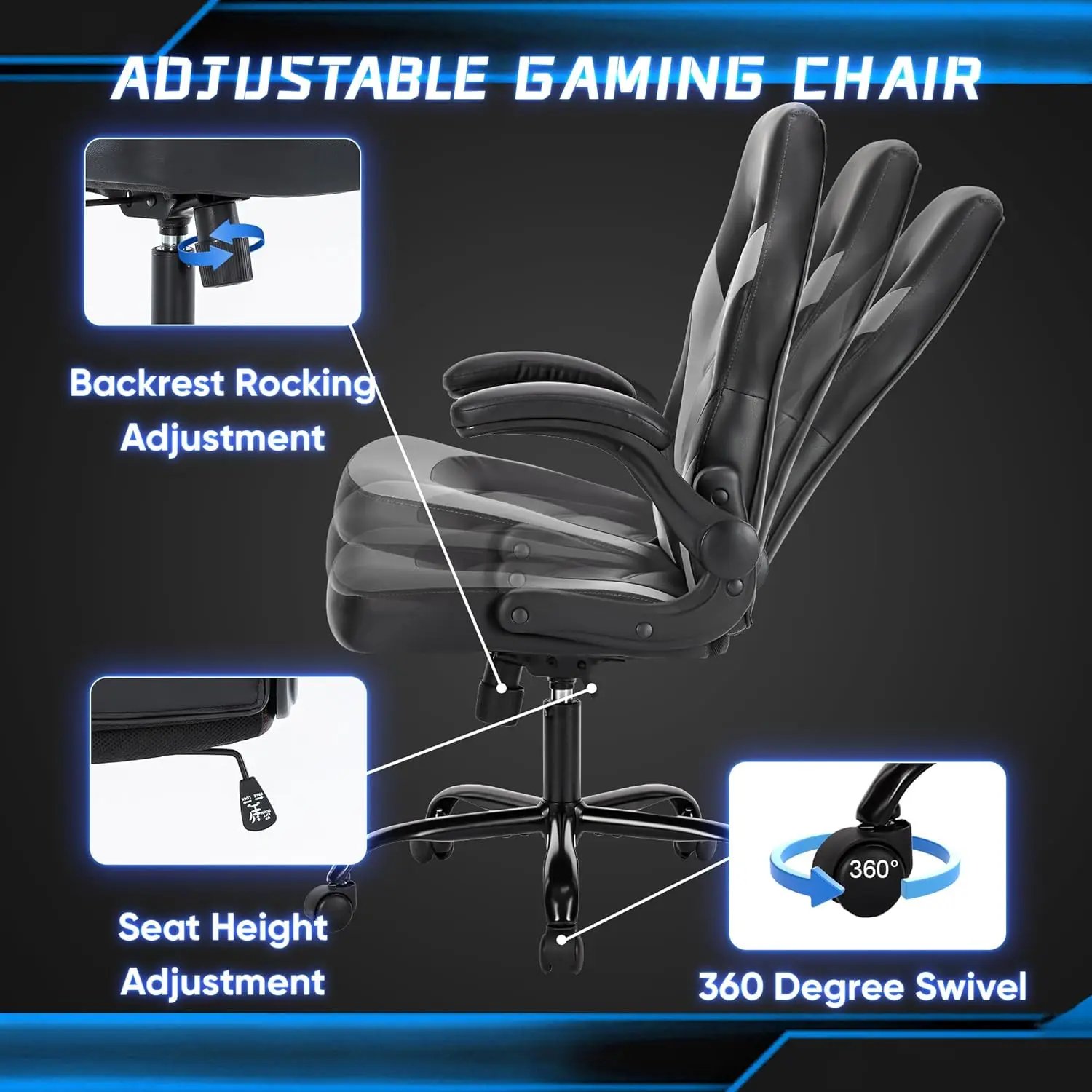Big and Tall Office Desk Leather Gaming Computer Chair with Adjustable Swivel Task and Flip-up Arms for Adults, Teens, Grey