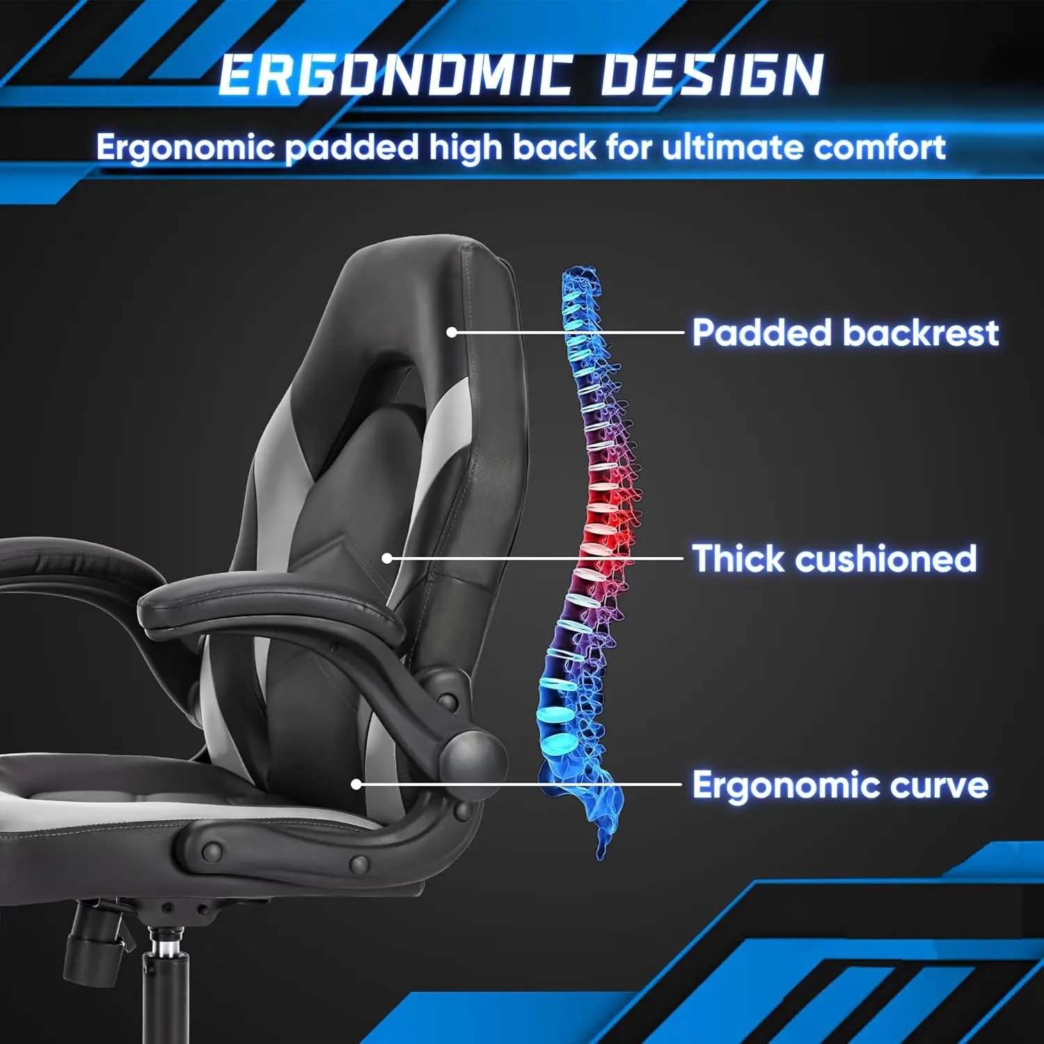 Big and Tall Office Desk Leather Gaming Computer Chair with Adjustable Swivel Task and Flip-up Arms for Adults, Teens, Grey
