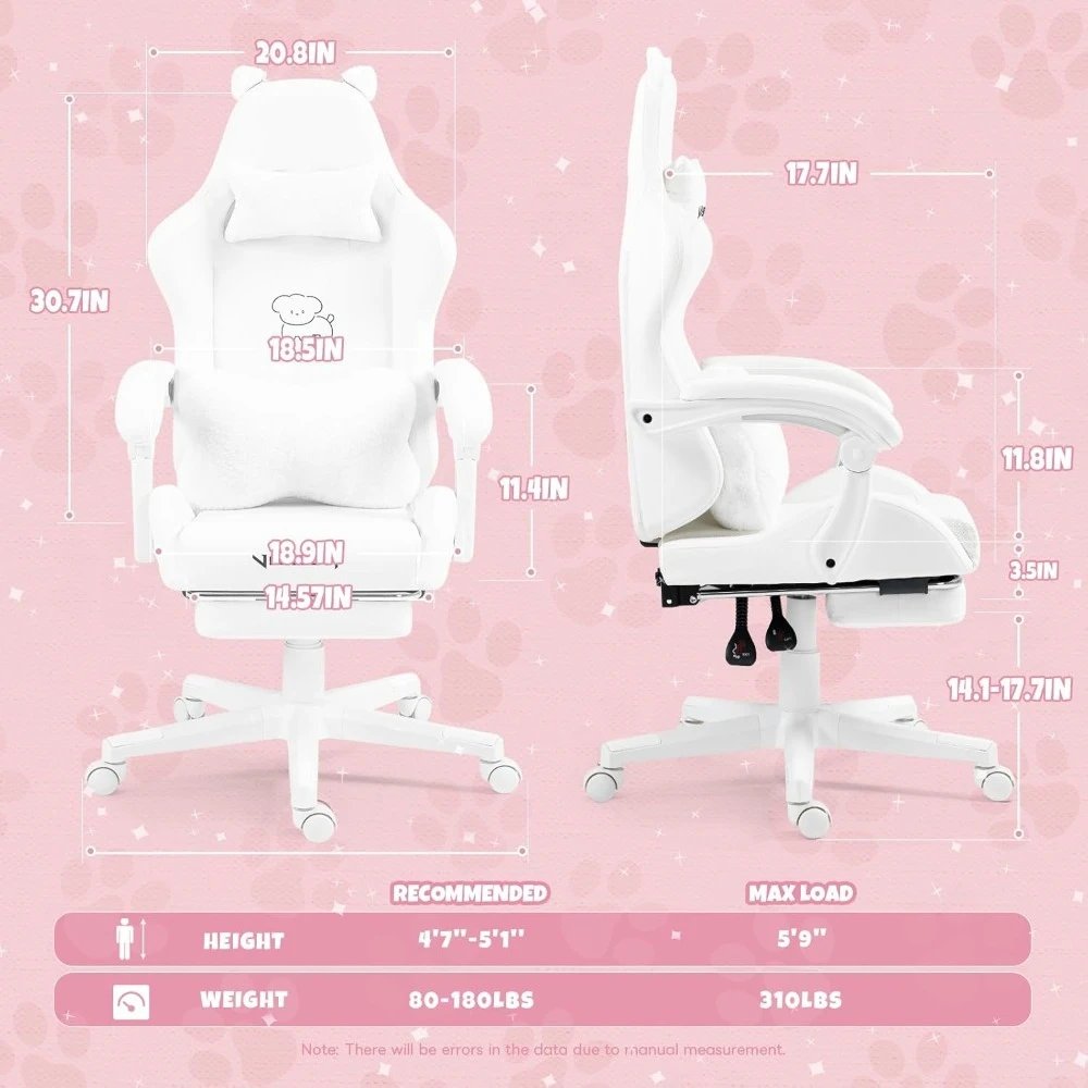 Cute Gaming Chair with Lumbar Cushion and Decorated Ears, Ergonomic Computer Chair with Footrest, Reclining PC Game Chair