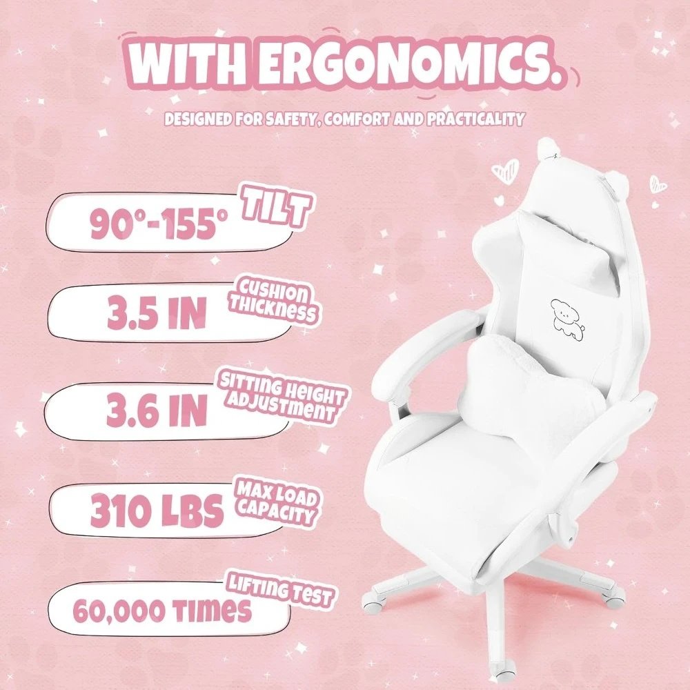 Cute Gaming Chair with Lumbar Cushion and Decorated Ears, Ergonomic Computer Chair with Footrest, Reclining PC Game Chair