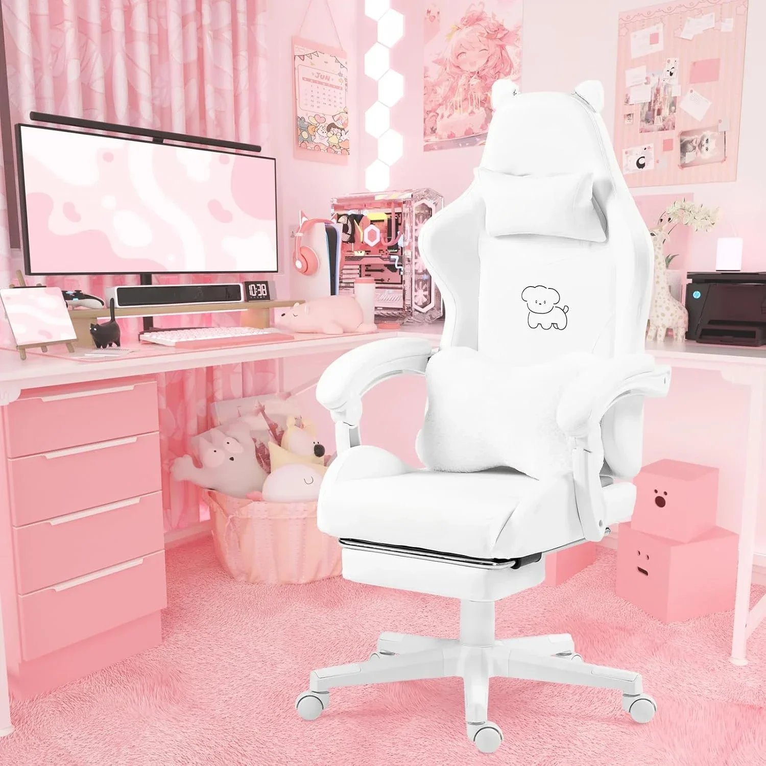 Gaming Chair, with Lumbar Cushion and Decorated Ears, Cute Ergonomic Computer Chair with Footrest, Reclining, PC Game Chair