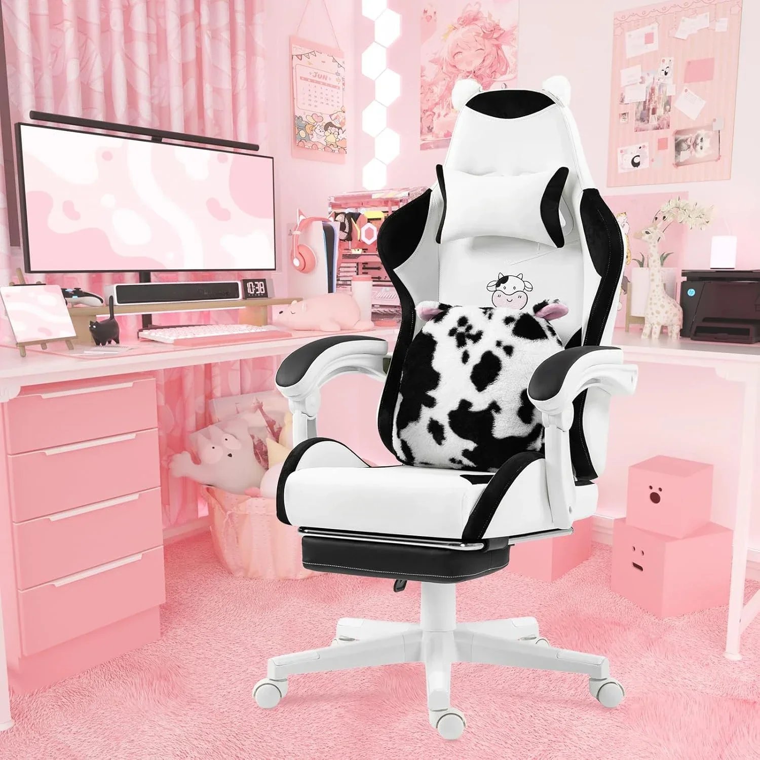 Gaming Chair, with Lumbar Cushion and Decorated Ears, Cute Ergonomic Computer Chair with Footrest, Reclining, PC Game Chair